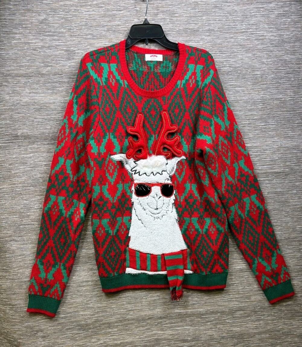 Holiday Time Ugly Christmas Llama Christmas Butt Sweater Men’s Size L Red Green